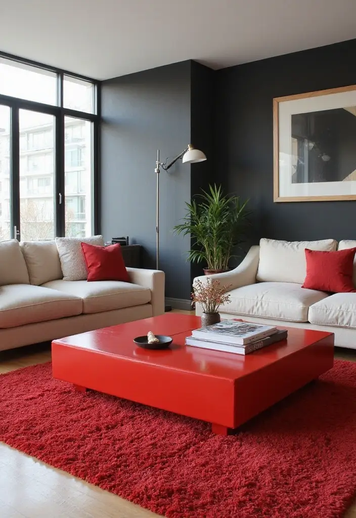 30 Red Living Room Decor Ideas for a Vibrant Home - 21. Red Coffee Table