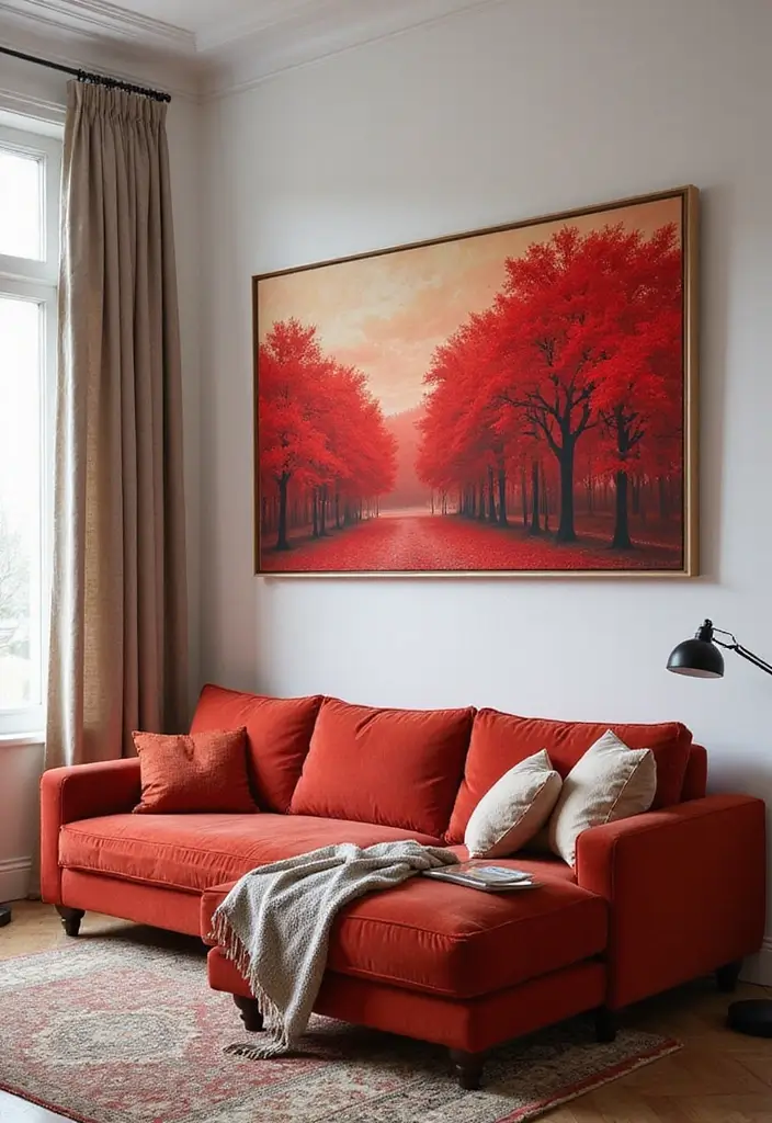 30 Red Living Room Decor Ideas for a Vibrant Home - 27. Red Themed Wall Art