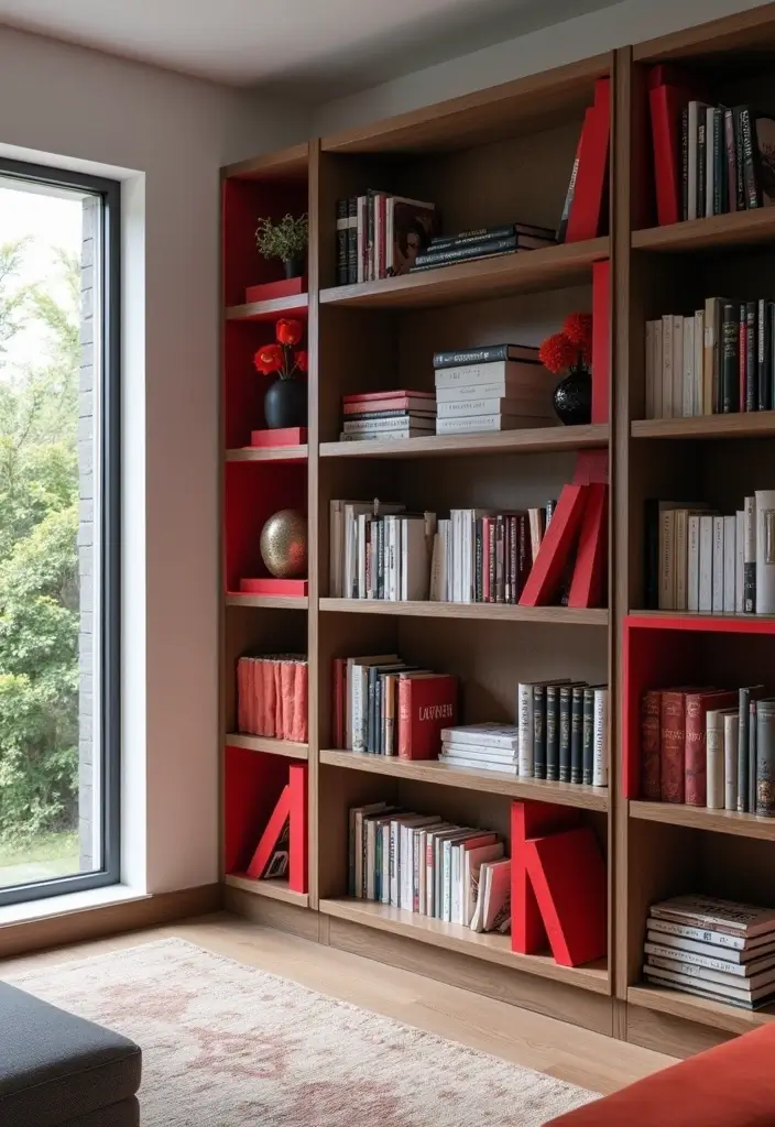 30 Red Living Room Decor Ideas for a Vibrant Home - 28. Red Bookends