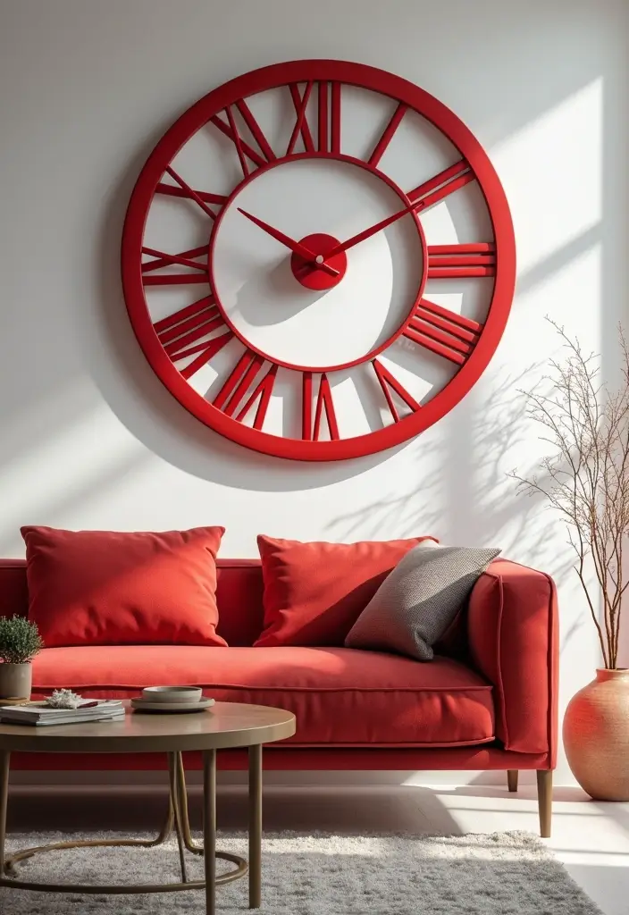 30 Red Living Room Decor Ideas for a Vibrant Home - 29. Red Decorative Wall Clocks
