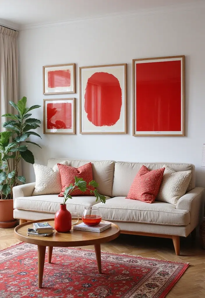 30 Red Living Room Decor Ideas for a Vibrant Home - 4. Vibrant Art Pieces