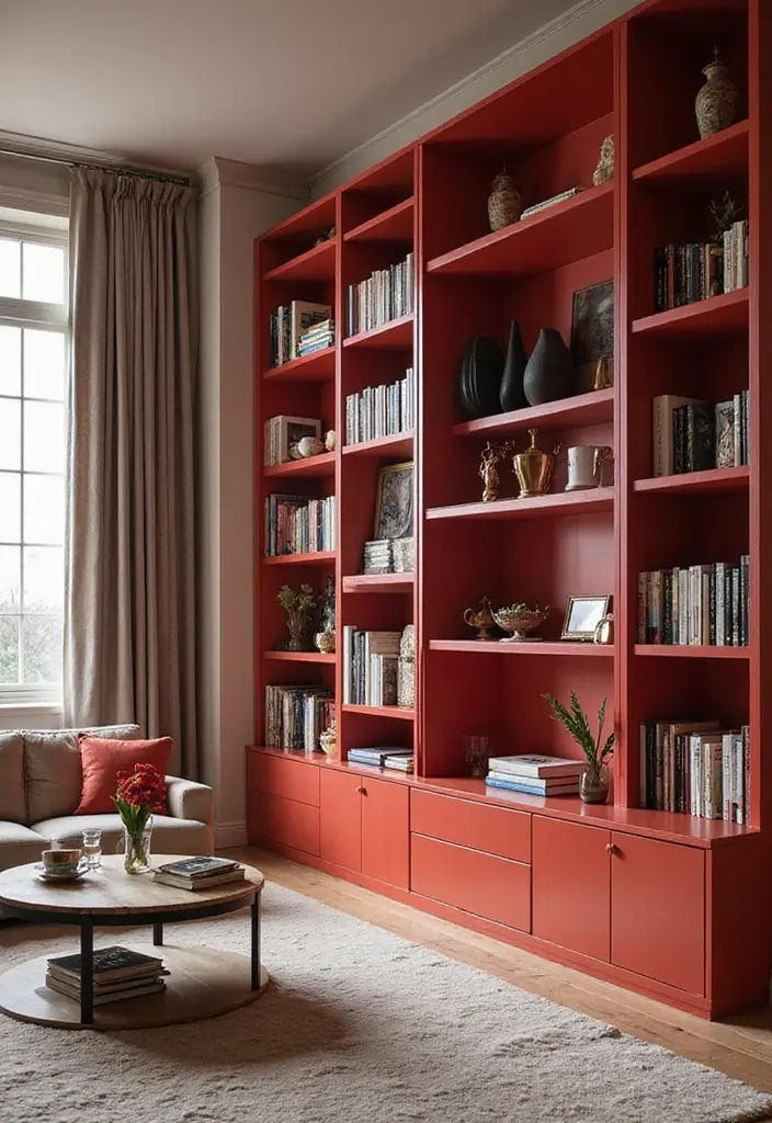 30 Red Living Room Decor Ideas for a Vibrant Home - 9. Red Shelving Options