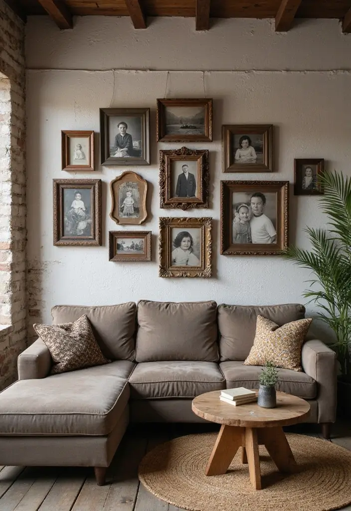 30 Rustic Living Room Decor Ideas for a Country Feel - 14. Family Photo Displays
