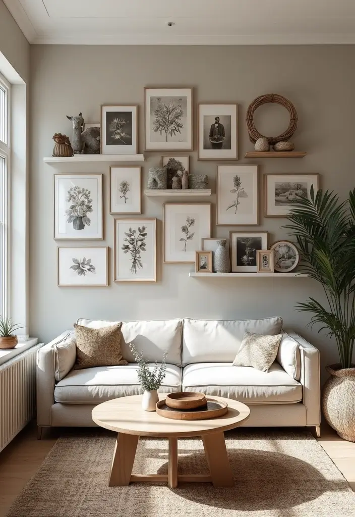 30 Shelf Decor Living Room Ideas for Stylish Displays - 12. Curate a Gallery Wall