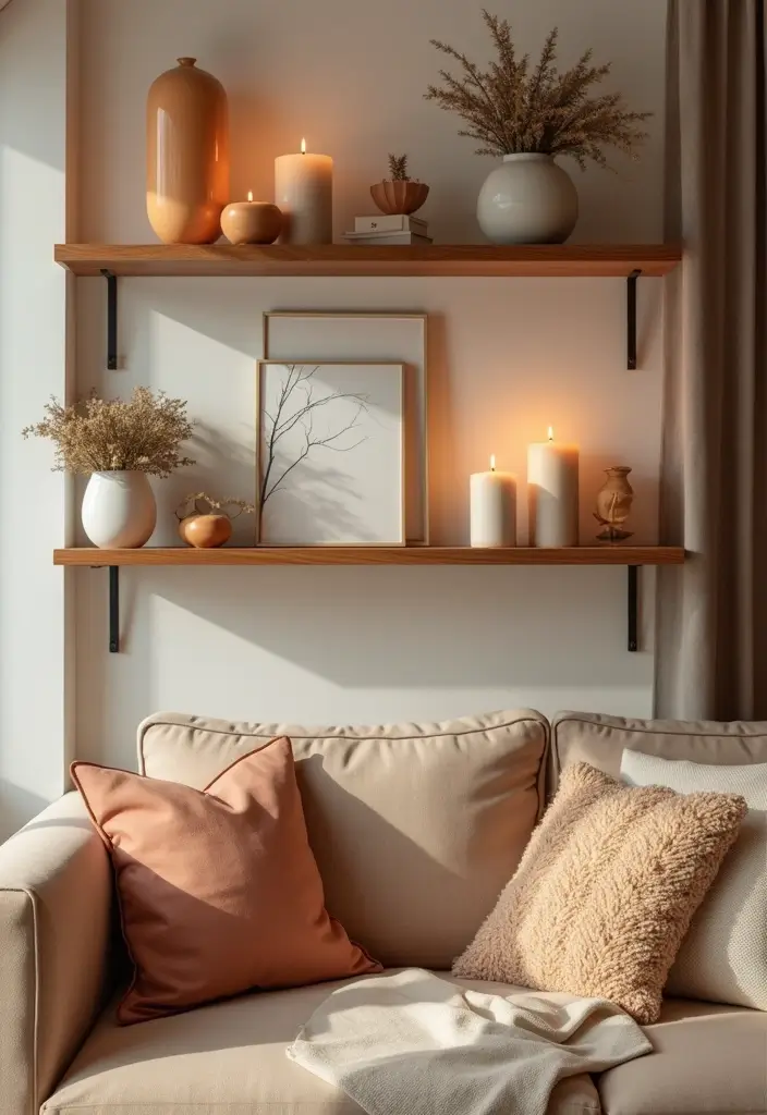 30 Shelf Decor Living Room Ideas for Stylish Displays - 20. Cozy Accents