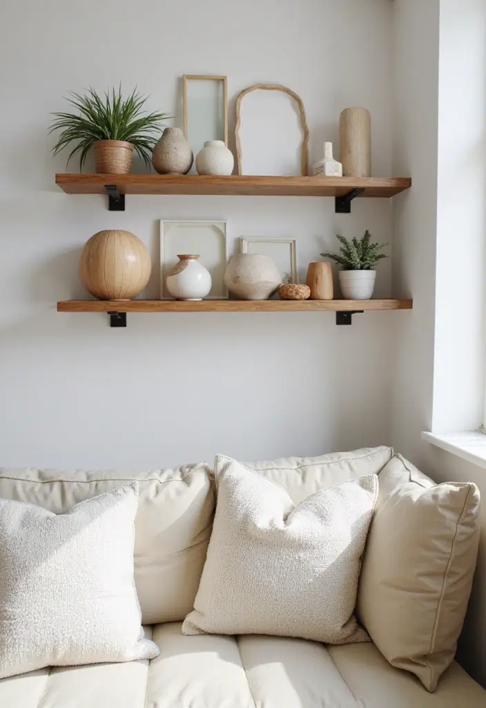 30 Shelf Decor Living Room Ideas for Stylish Displays - 21. Unique Shape Arrangements