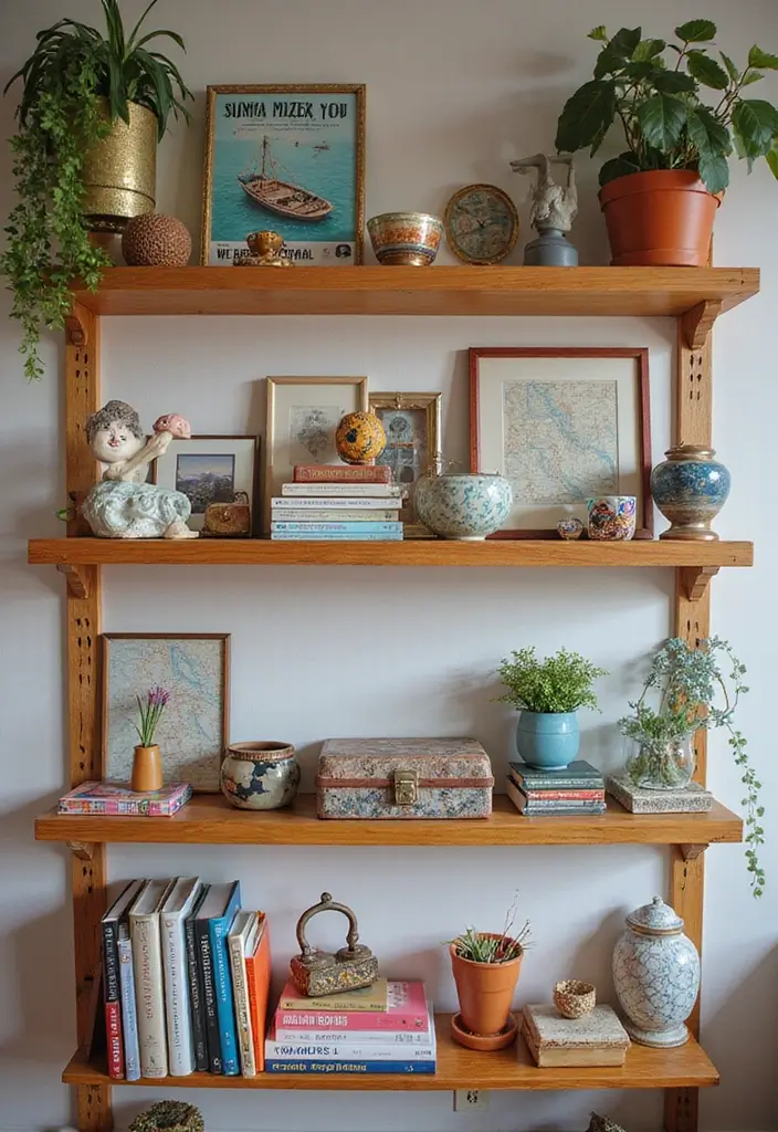 30 Shelf Decor Living Room Ideas for Stylish Displays - 27. Incorporate Travel Souvenirs