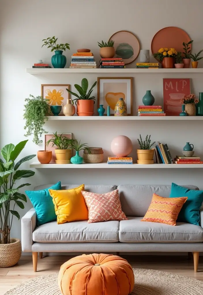 30 Shelf Decor Living Room Ideas for Stylish Displays - 29. Using Colorful Accents