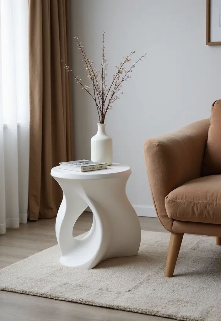 30 Side Table Decor Living Room Ideas for Extra Charm - 9. Contemporary Sculptural Designs