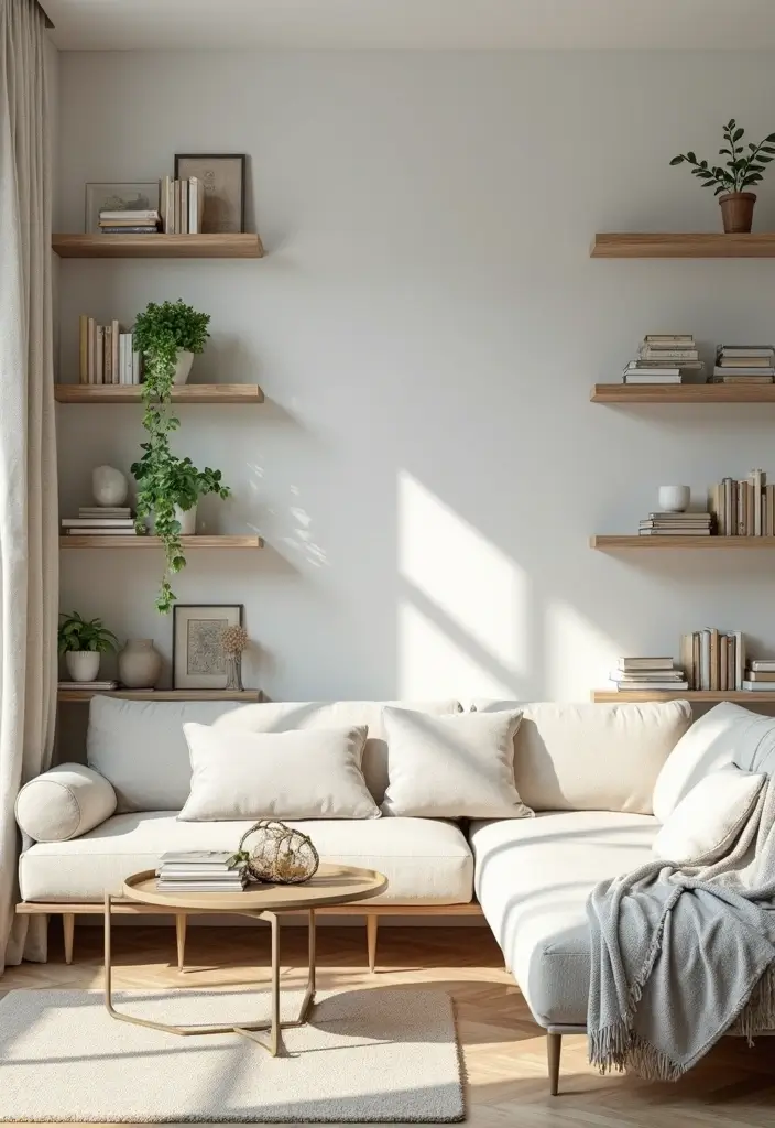 30 Simple Living Room Decor Ideas for Effortless Style - 10. Minimalistic Shelving