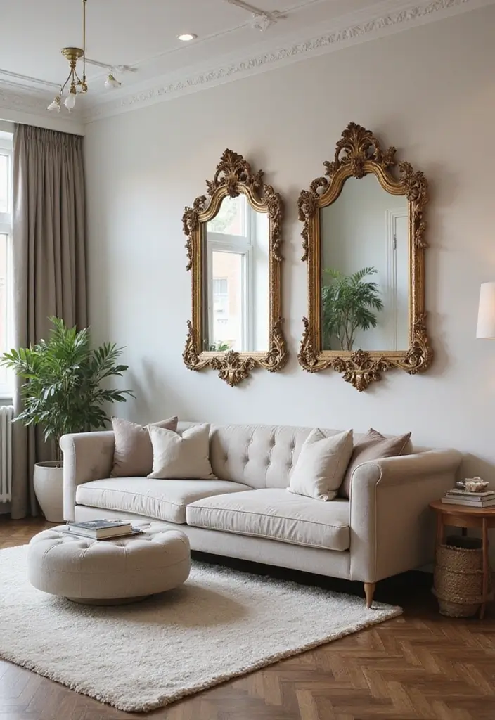 30 Simple Living Room Decor Ideas for Effortless Style - 13. Elegant Mirrors