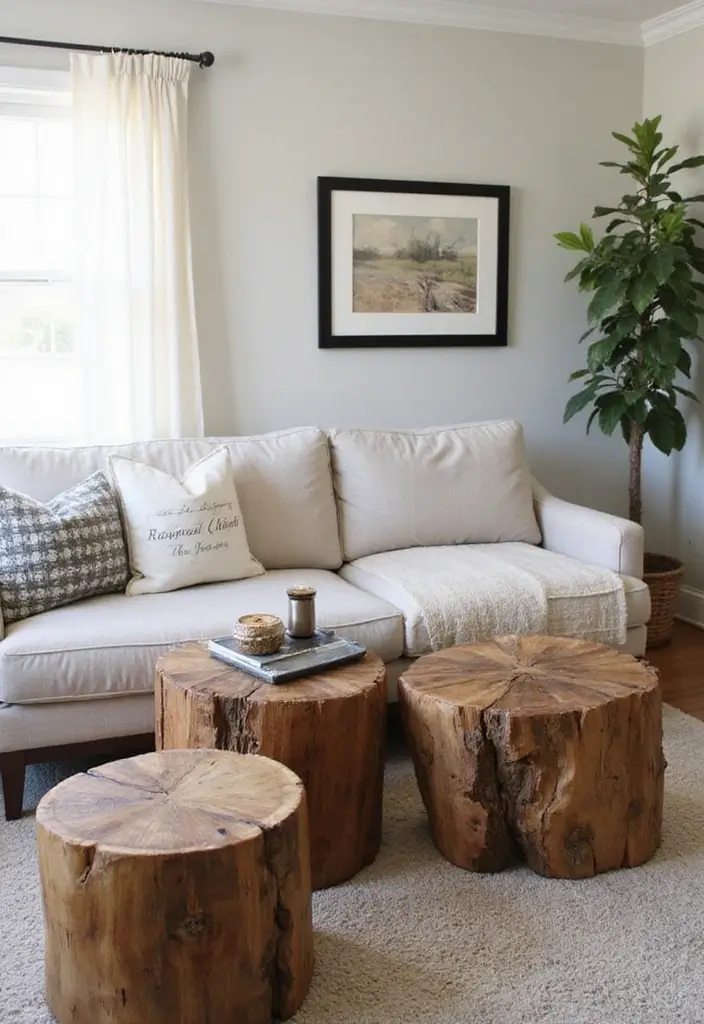 30 Simple Living Room Decor Ideas for Effortless Style - 24. Rustic Side Tables