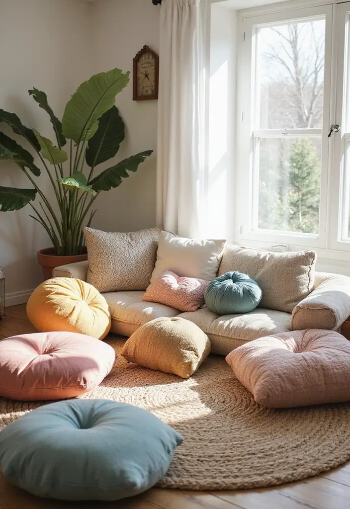 30 Simple Living Room Decor Ideas for Effortless Style - 25. Cozy Floor Cushions