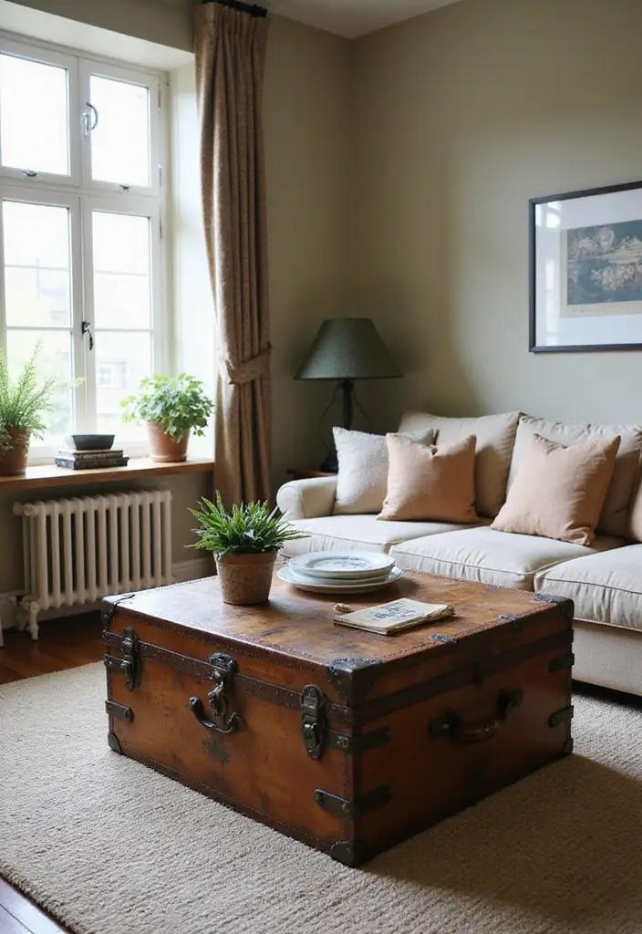 30 Small Living Room Decor Ideas to Maximize Space - 23. Use a Trunk as a Coffee Table