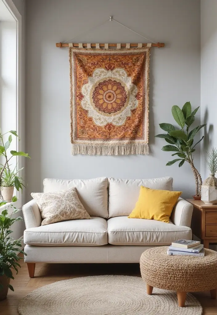 30 Small Living Room Decor Ideas to Maximize Space - 26. Fabric Wall Hangings