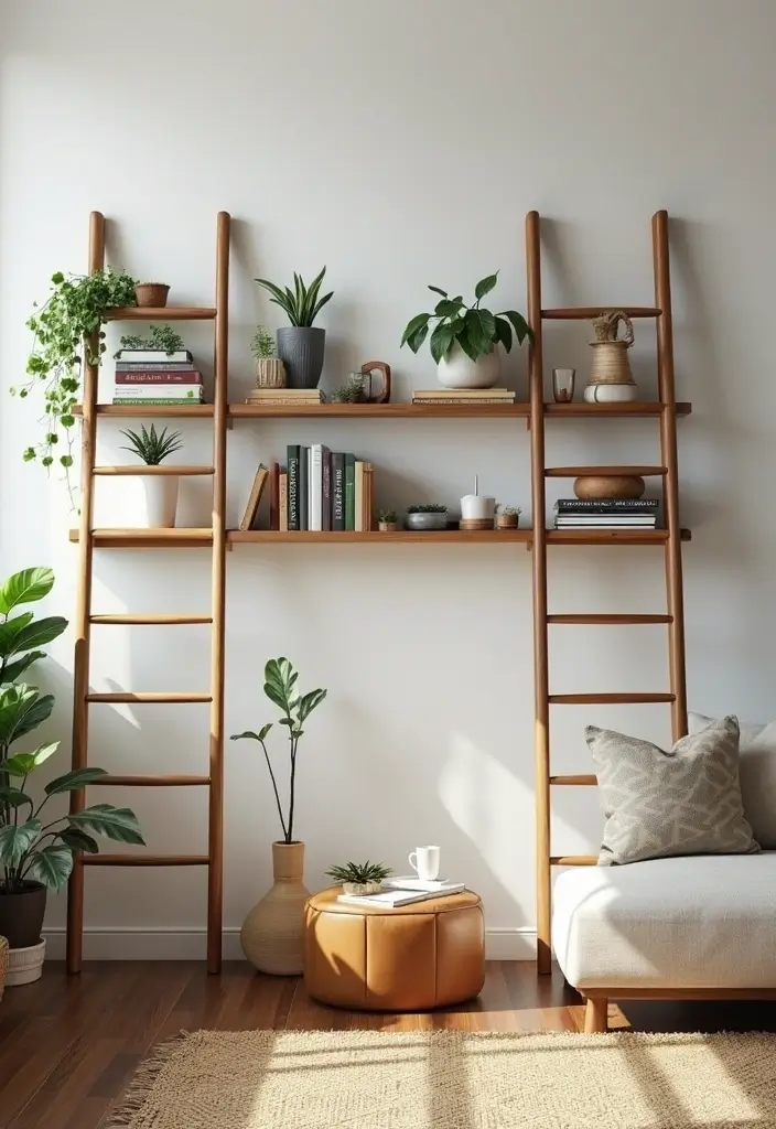 30 Small Living Room Decor Ideas to Maximize Space - 28. Use Ladder Shelves