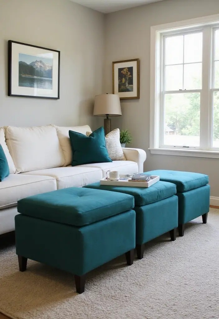 30 Teal Living Room Decor Ideas for a Fresh Feel - 19. Teal Upholstered Footstools