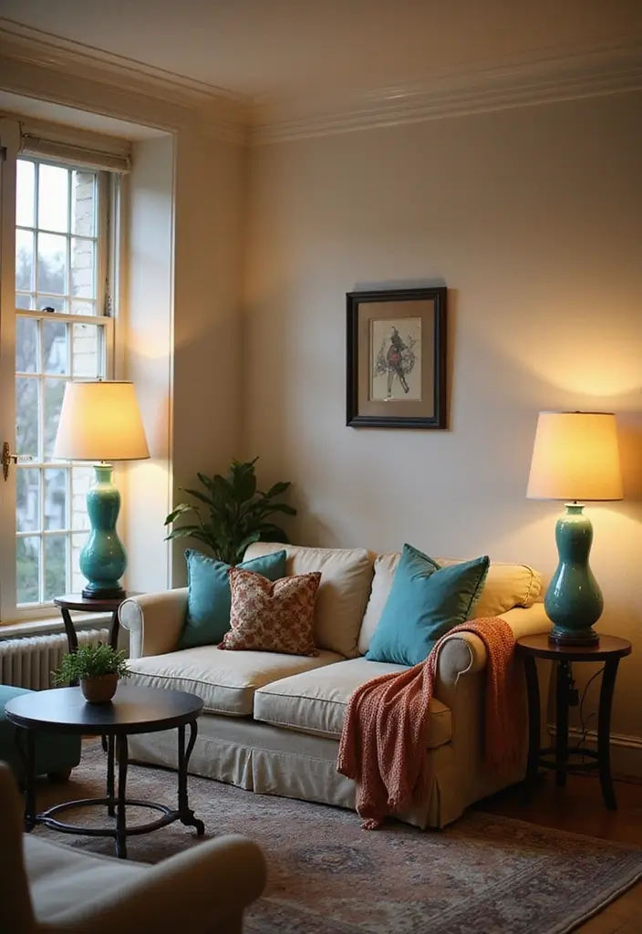 30 Teal Living Room Decor Ideas for a Fresh Feel - 21. Teal Pillar Lamps