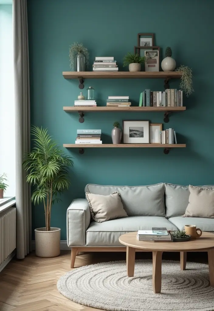 30 Teal Living Room Decor Ideas for a Fresh Feel - 23. Teal Wall Shelves