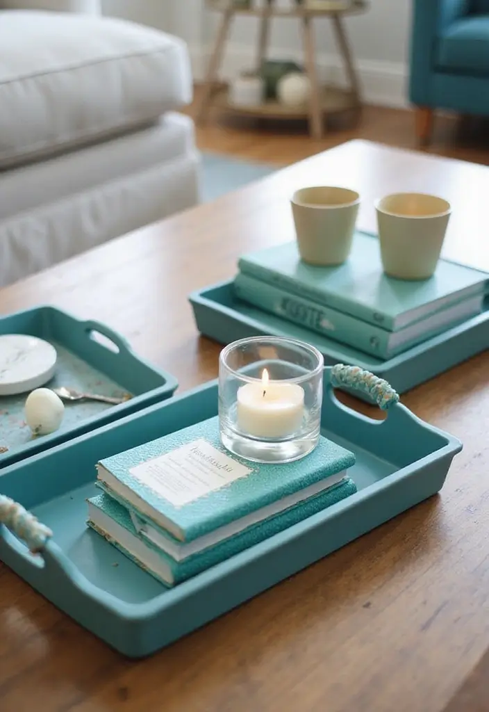30 Teal Living Room Decor Ideas for a Fresh Feel - 26. Teal Decorative Trays