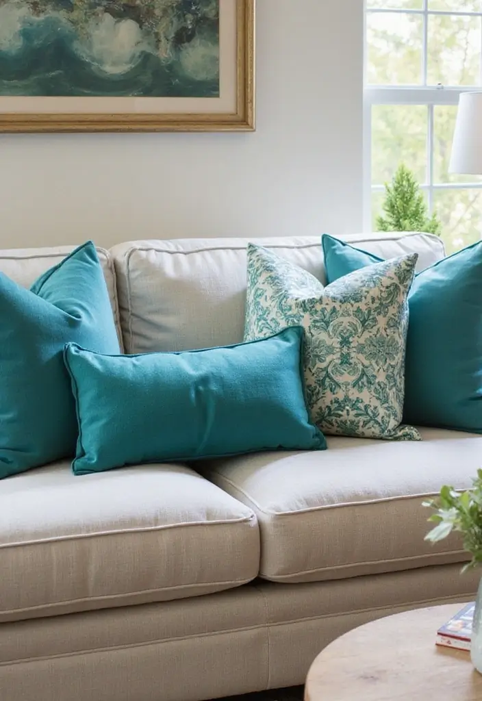 30 Teal Living Room Decor Ideas for a Fresh Feel - 29. Teal Decorative Pillows