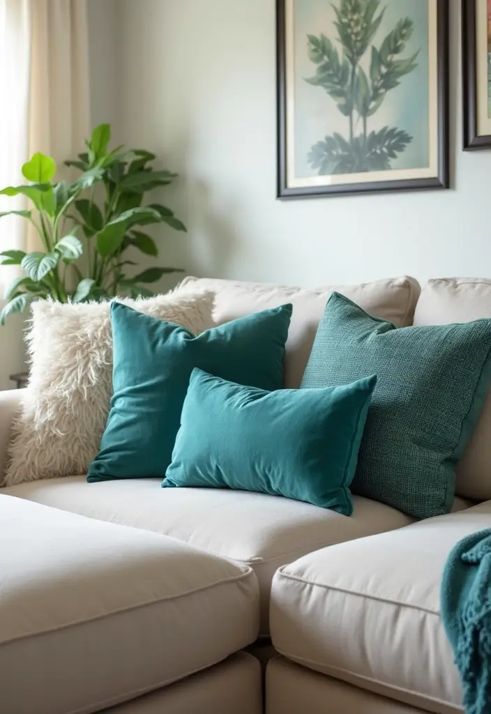 30 Teal Living Room Decor Ideas for a Fresh Feel - 5. Teal Throw Pillows