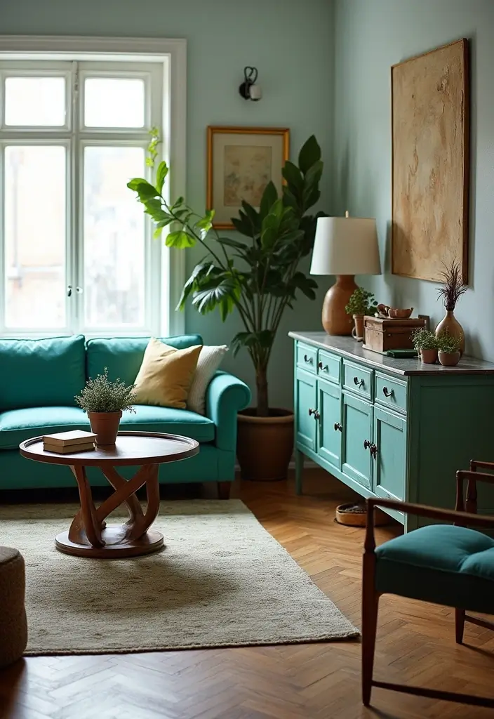 30 Teal Living Room Decor Ideas for a Fresh Feel - 7. Vintage Teal Furniture