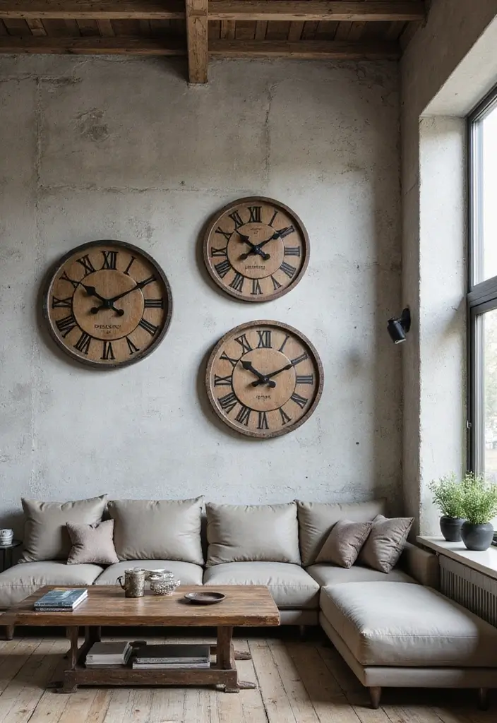 30 Wall Clock Decor Living Room Ideas for Functional Style - 12. Industrial Style Clocks