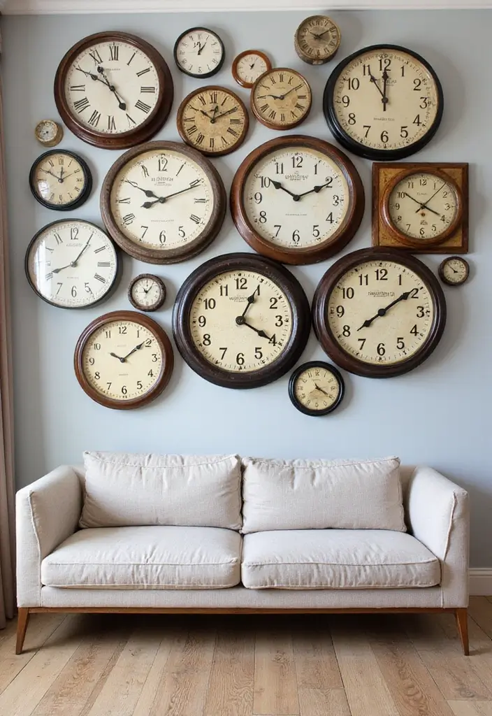 30 Wall Clock Decor Living Room Ideas for Functional Style - 6. Clock Gallery Wall