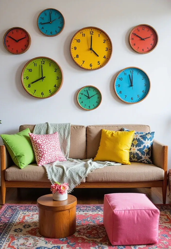 30 Wall Clock Decor Living Room Ideas for Functional Style - 7. Colorful Clocks