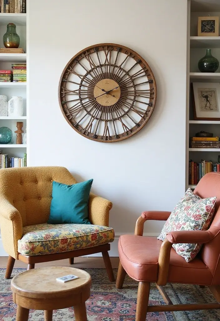 30 Wall Decor Living Room Ideas for a Beautiful Home - 14. Whimsical Wall Clocks