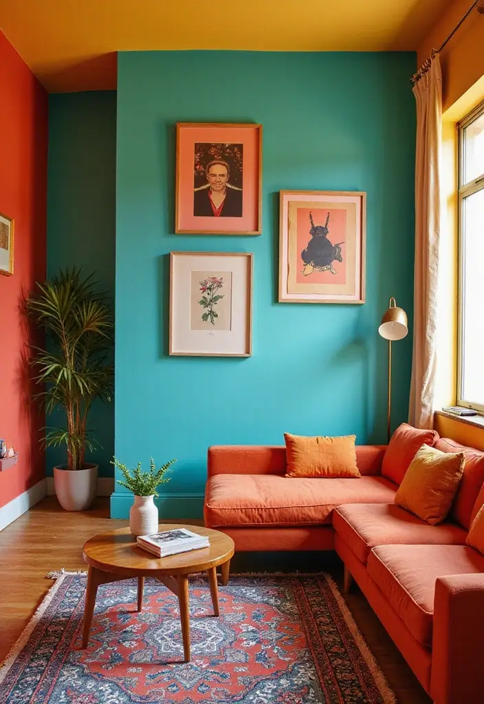 30 Wall Decor Living Room Ideas for a Beautiful Home - 24. Bold Color Choices