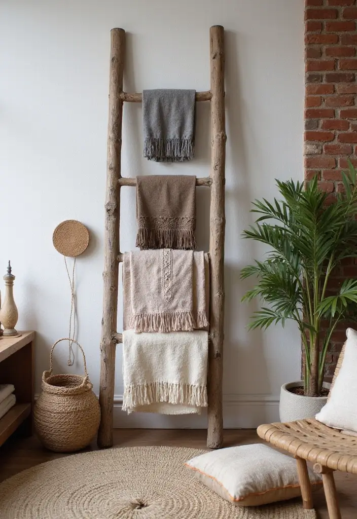 30 Wall Decor Living Room Ideas for a Beautiful Home - 28. Rustic Ladder Displays