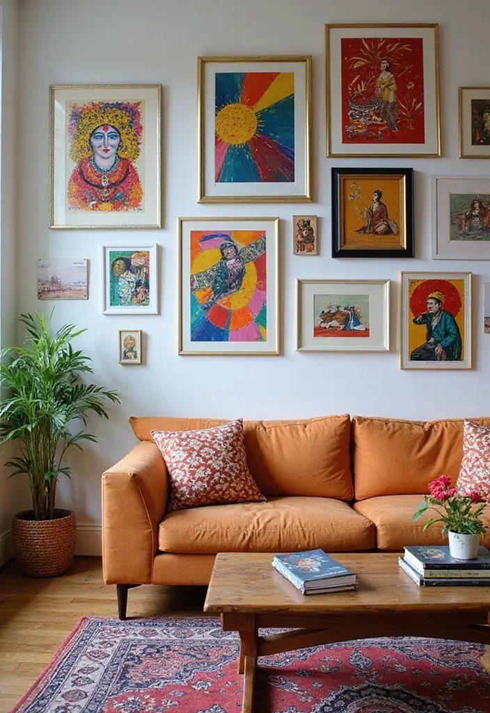 30 Wall Decor Living Room Ideas for a Beautiful Home - 7. Colorful Prints