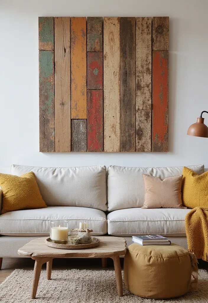 30 Wall Decor Living Room Ideas to Refresh Your Space - 1. Reclaimed Wood Wall Art