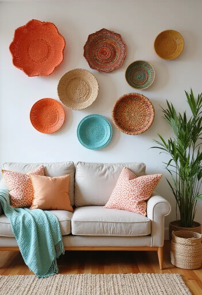 30 Wall Decor Living Room Ideas to Refresh Your Space - 12. Colorful Woven Wall Baskets