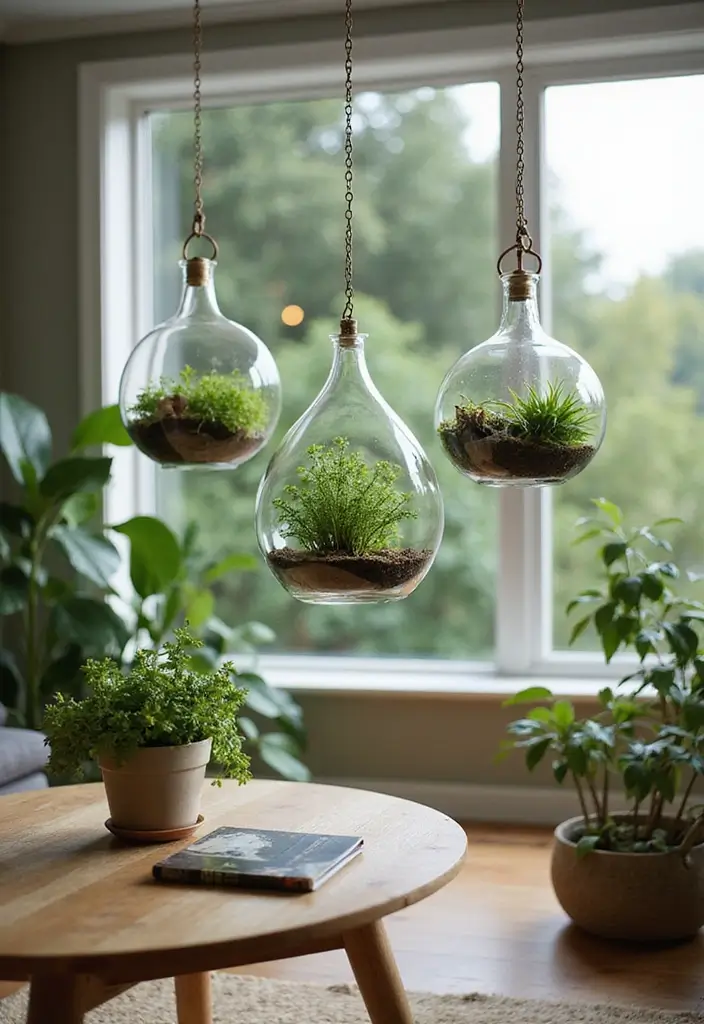 30 Wall Decor Living Room Ideas to Refresh Your Space - 13. Hanging Terrariums