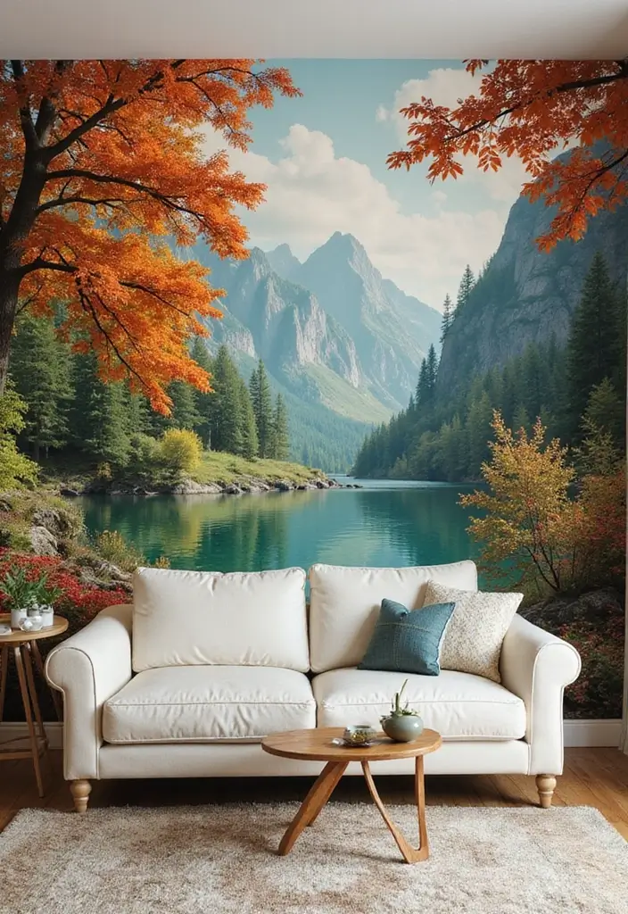 30 Wall Decor Living Room Ideas to Refresh Your Space - 15. Nature-Inspired Wall Mural