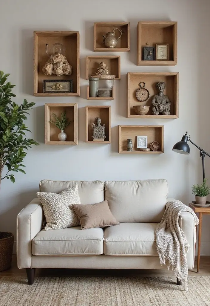 30 Wall Decor Living Room Ideas to Refresh Your Space - 18. Artistic Shadow Boxes
