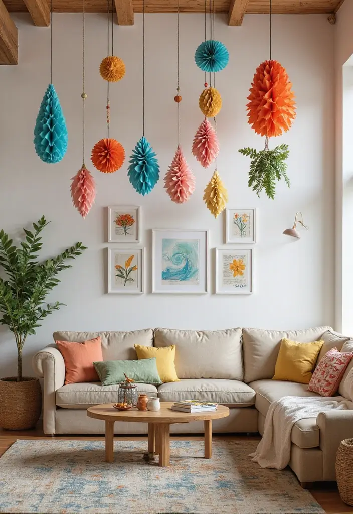 30 Wall Decor Living Room Ideas to Refresh Your Space - 20. Hanging Paper Art