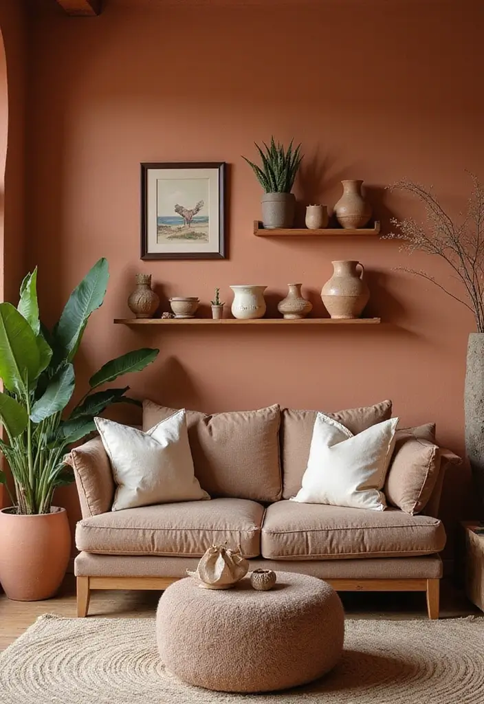 30 Wall Decor Living Room Ideas to Refresh Your Space - 22. Terracotta Wall Decor