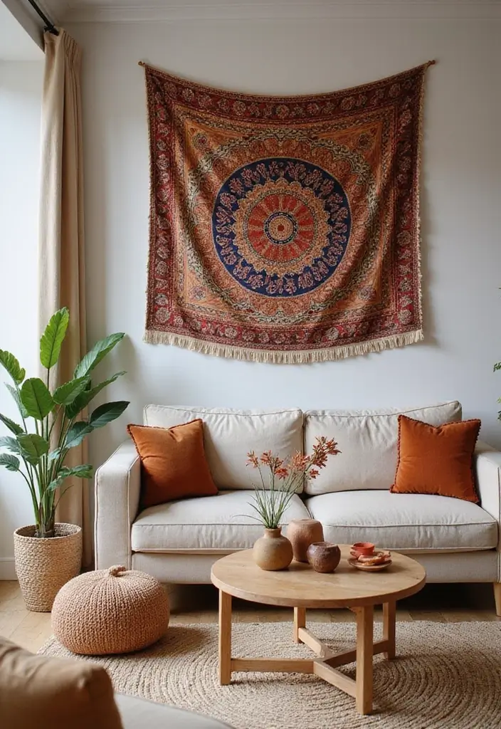 30 Wall Decor Living Room Ideas to Refresh Your Space - 23. Ethically Sourced Tapestries