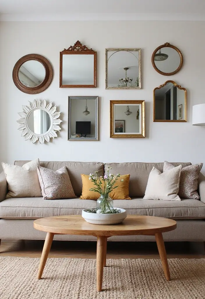 30 Wall Decor Living Room Ideas to Refresh Your Space - 25. Upcycled Vintage Mirrors