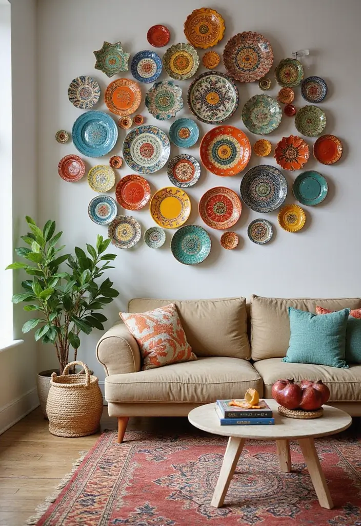 30 Wall Decor Living Room Ideas to Refresh Your Space - 27. Colorful Ceramic Plates