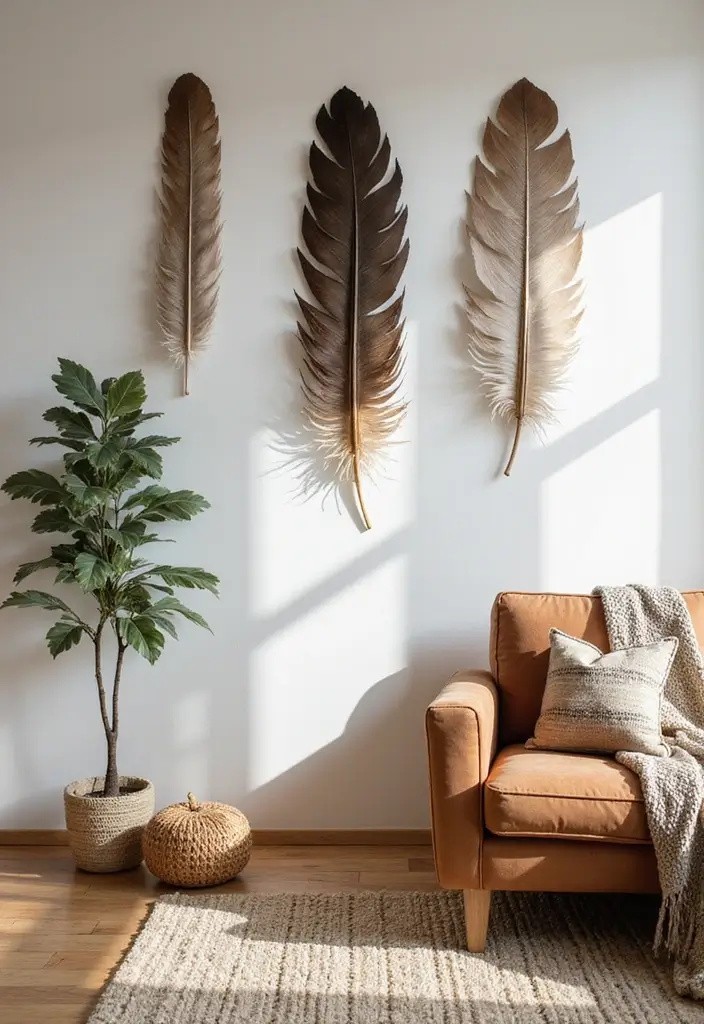 30 Wall Decor Living Room Ideas to Refresh Your Space - 28. Bohemian Feather Wall Hangings