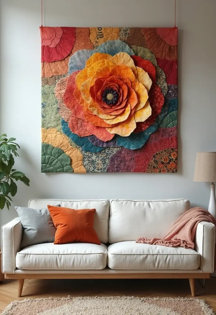 30 Wall Decor Living Room Ideas to Refresh Your Space - 4. Upcycled Fabric Wall Hangings